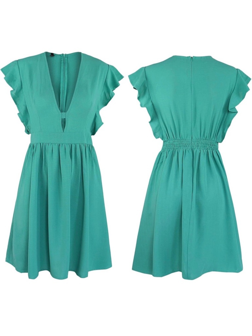 FANCYINN Peacock Blue Plunge V-Neck Ruffle Mini Dress A-Line Skater Pockets Sz L
